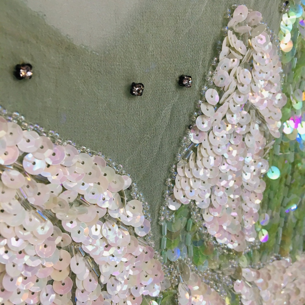 Vintage Green Sequin Short Sleeve Floral Blouse - Picture 3 of 8